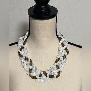 Vintage Woven Braided Seed Bead Necklace Gold White Choker Torsade Bib Collar